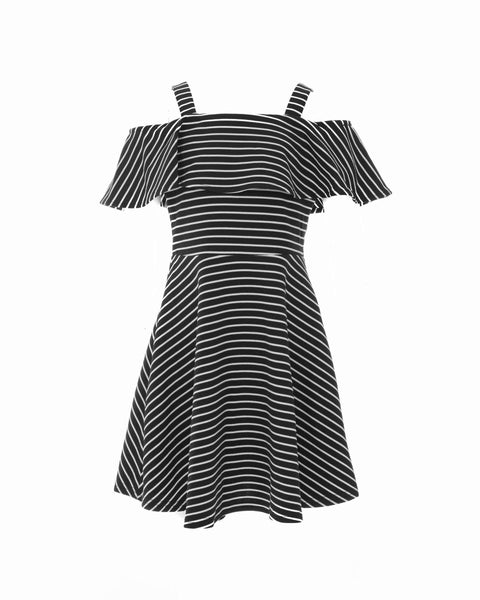 Black Striped Cold-Shoulder Dress