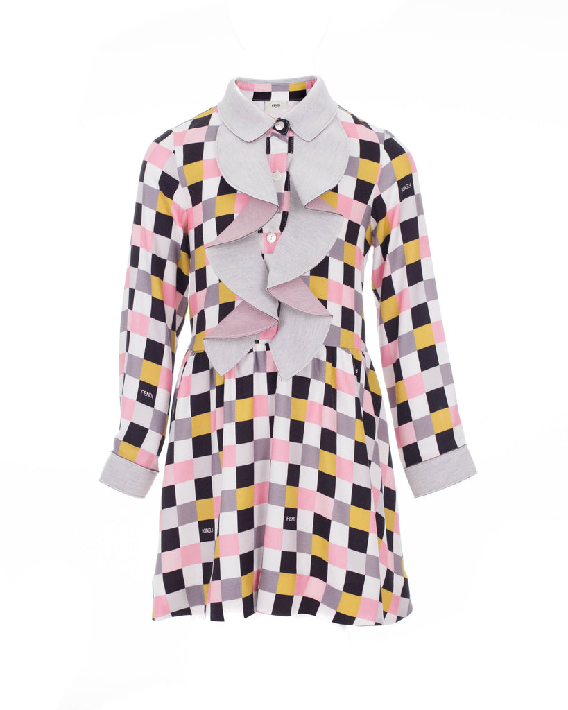 Geometric Print Ruffle-front Shirt Dress