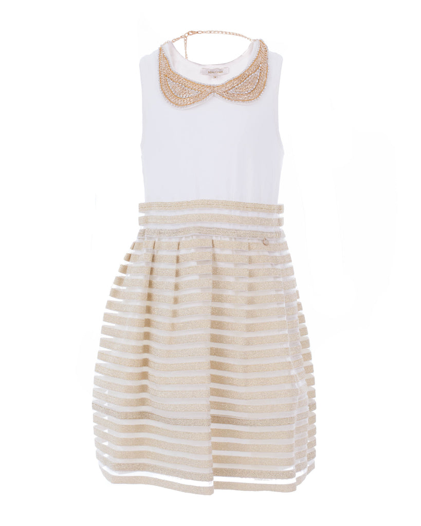 Ecru and Gold Transparent Striped Party Dress
