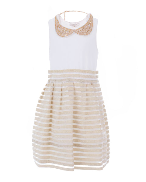 Ecru and Gold Transparent Striped Party Dress