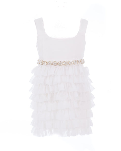 Ecru and Gold Belted Tiered Party Dress