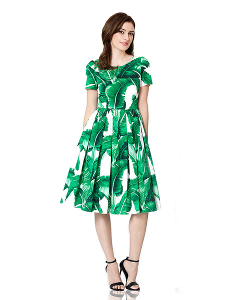 dorothy perkins green lace dress Dolce & Gabbana Green Leaves Print Cotton Flared Mini Dress main image 1