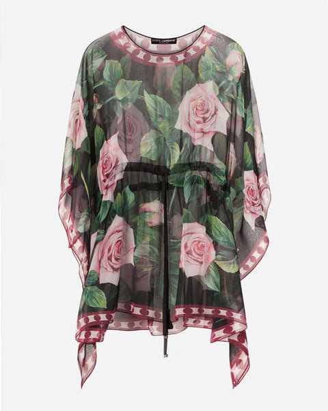 Tropical Rose Print Chiffon Kaftan
