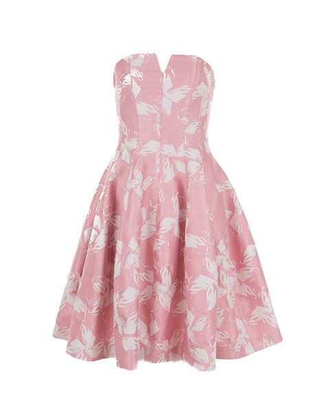 Pink Floral Brocade Strapless Mini Dress