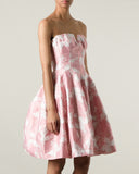 Pink Floral Brocade Strapless Mini Dress