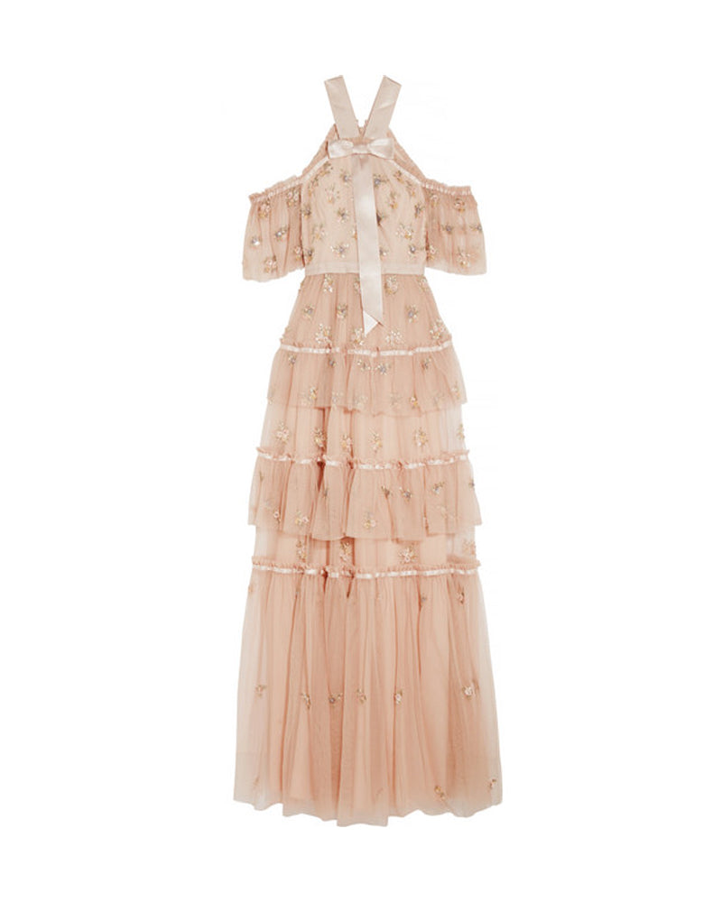 Cold-shoulder Embellished Ruffled Gown