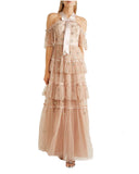Cold-shoulder Embellished Ruffled Gown