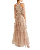 Cold-shoulder Embellished Ruffled Gown
