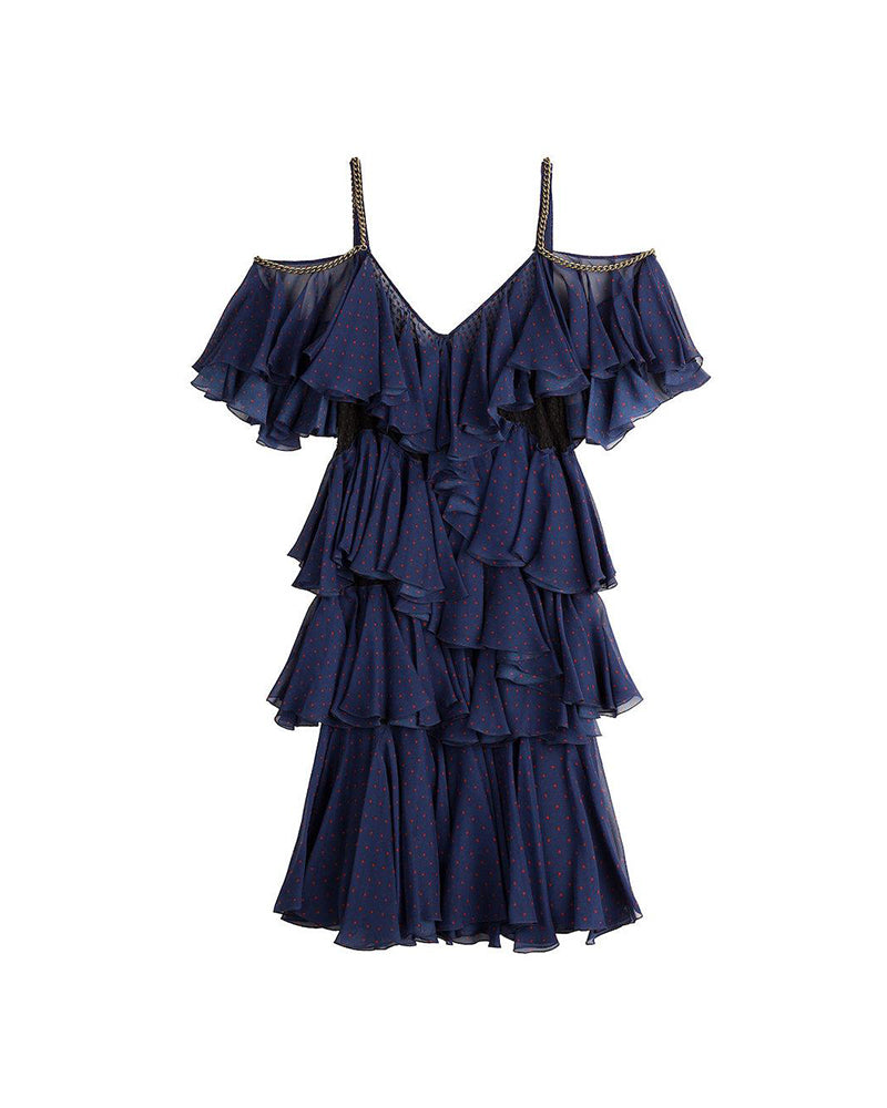 Tiered Navy and Red Polkadot Dress