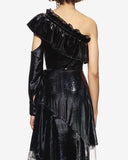 Asymmetrical Metallic Velvet And Lace Dress