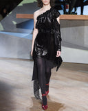 Asymmetrical Metallic Velvet And Lace Dress