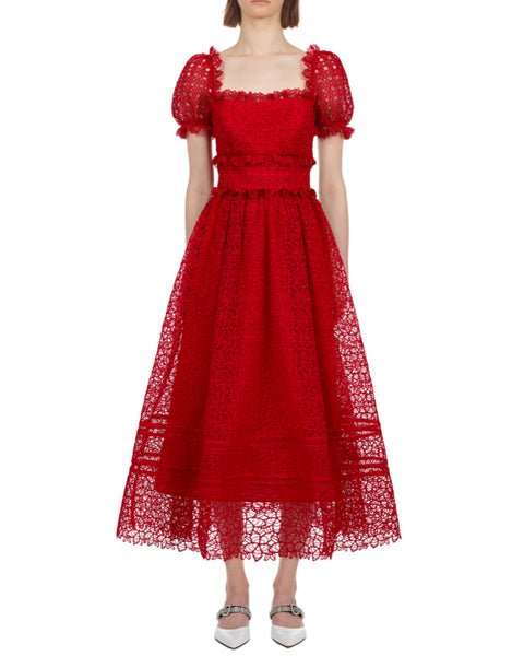 short sleeve hibiscus guipure dress Oscar de la Renta Chin Hibiscus Faille Midi Dress