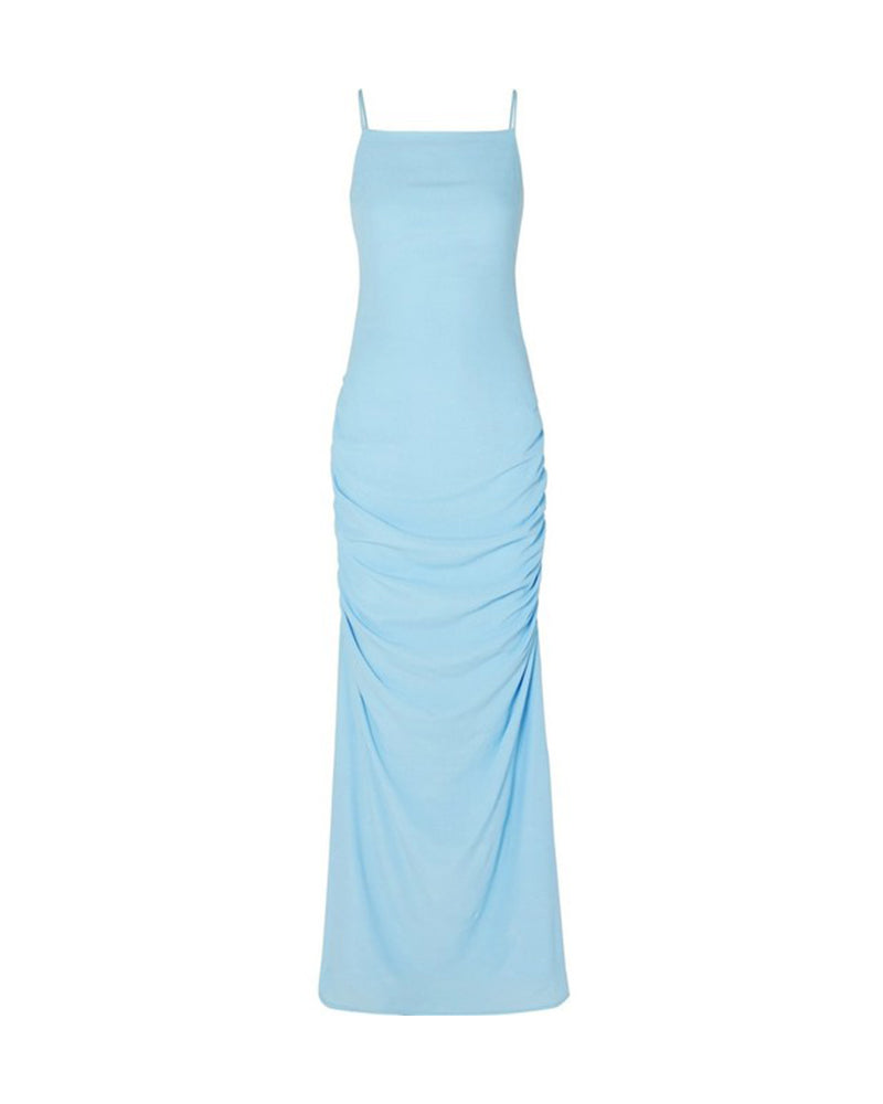 Blue Cutout Ruched Crepe De Chine Maxi Dress