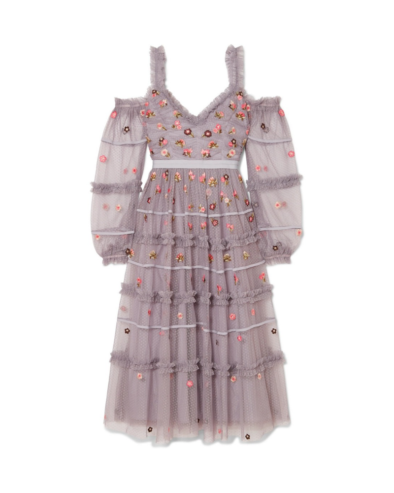 Cold-shoulder Embroidered Tulle Midi Dress