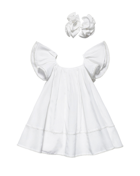 Organic White Ruffled Dress with Hair Clip