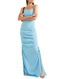 Blue Cutout Ruched Crepe De Chine Maxi Dress