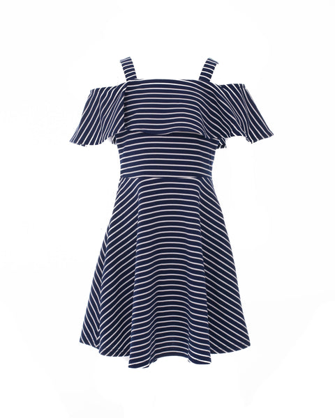 Navy Striped Cold-Shoulder Dress