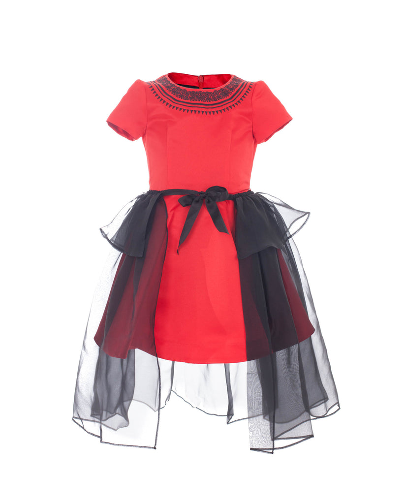 Red Satin Party Dress with Black Chiffon Overskirt