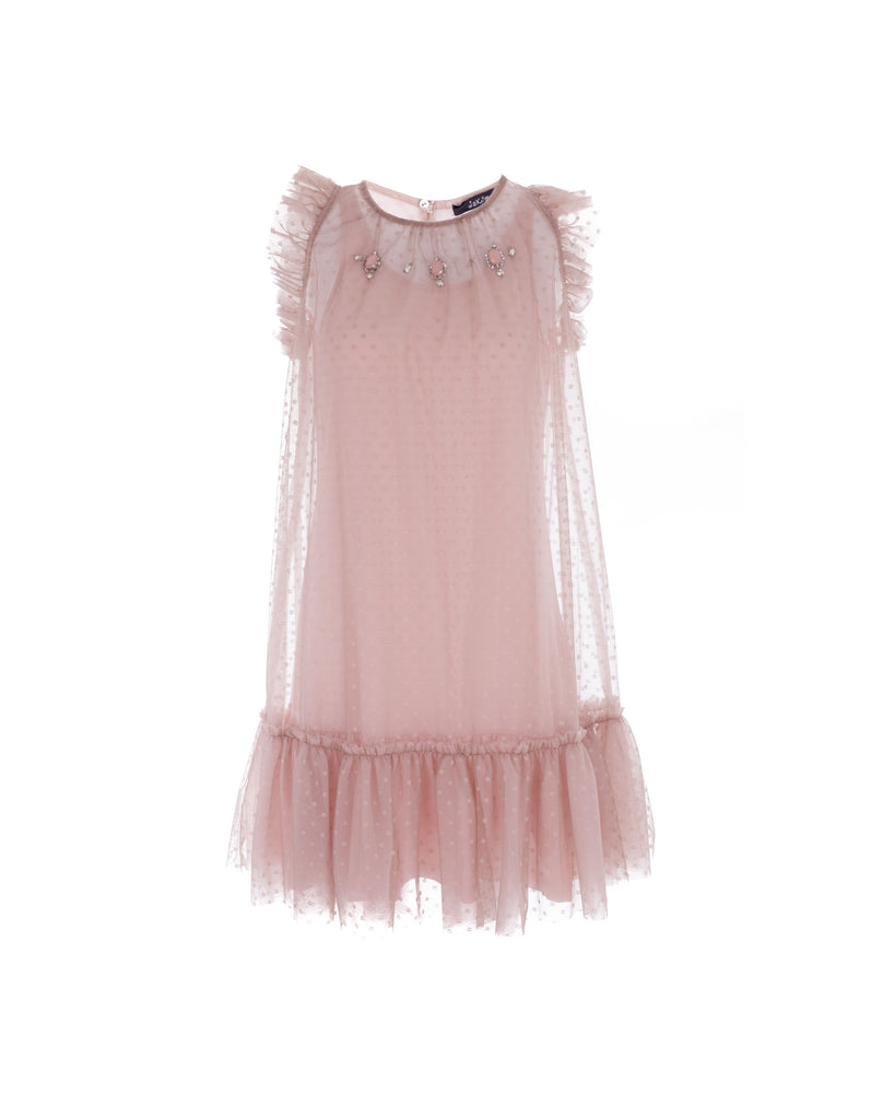Pale Pink and Beige Frilled Polkadot Dress