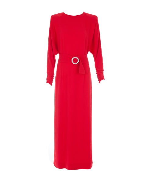 Red Embellished Belted Dress