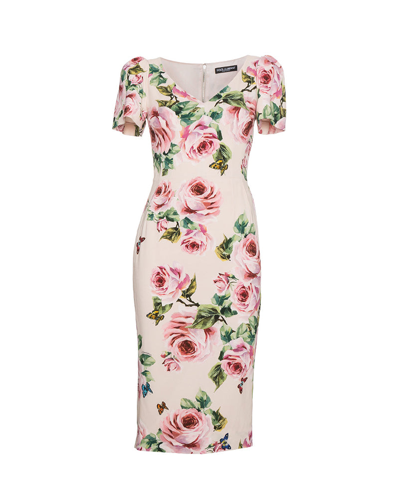 Rose-print Stretch-Cady Dress