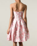 Pink Floral Brocade Strapless Mini Dress