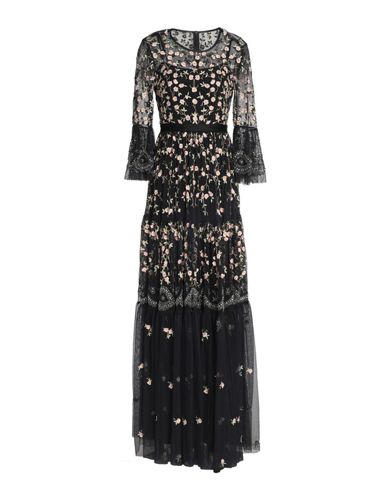Black Floral Embroidered Sequin Long sleeved Gown