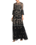 Black Floral Embroidered Sequin Long-sleeved Gown