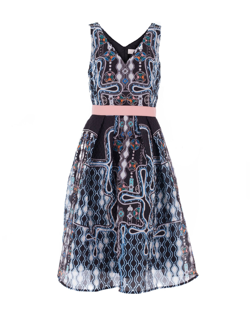 Printed Cloque Belted Midi Dress