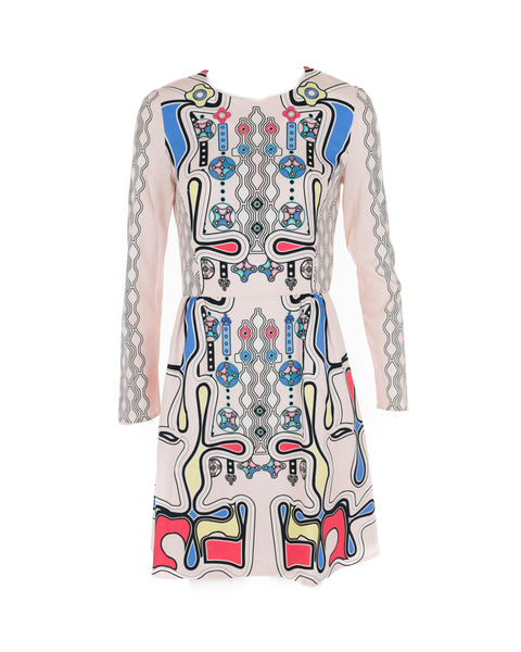 Pink Abstract Print Long-Sleeved Mini Dress