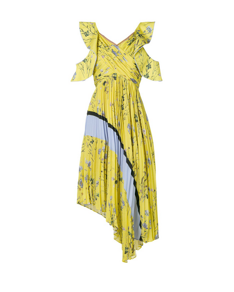 Yellow Floral Print Pleated Dress