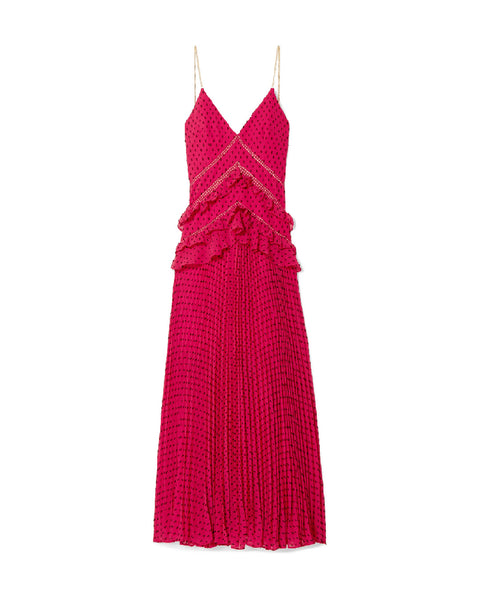 Red Swiss-Dot Pleated Maxi Dress