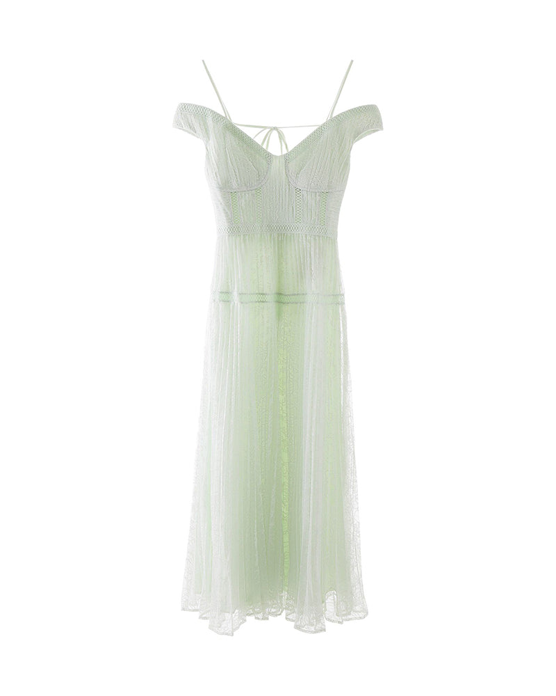 knee length dresses for ladies Mint Off-shoulder Lace Midi Dress