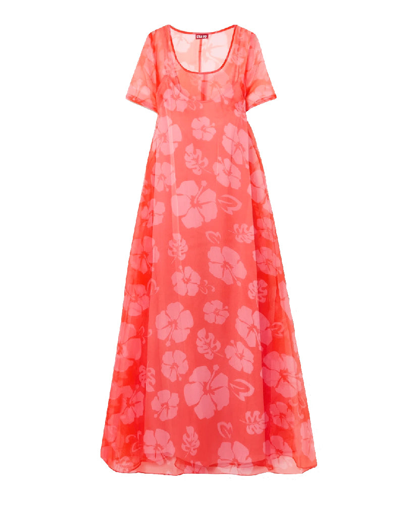 Hibiscus Short-Sleeve Organza Maxi Dress