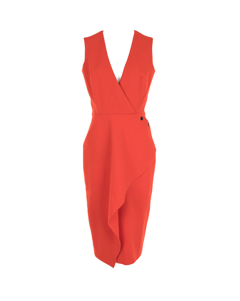 Red V-Neck Crepe Midi Dress