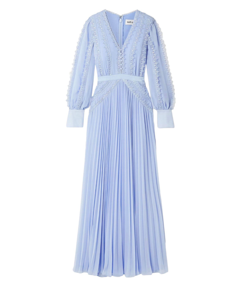 Blue Chiffon Lace Trim Maxi Dress