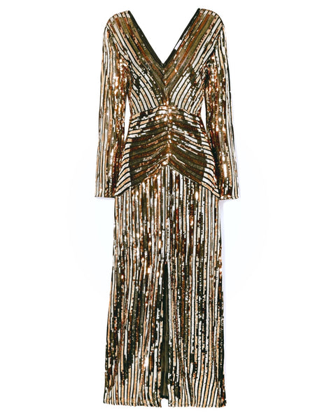 Gold Striped Sequinned Long Sleeve Dress