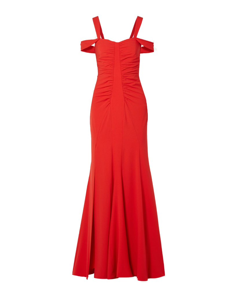 Red Cold-shoulder Ruched Crepe Gown