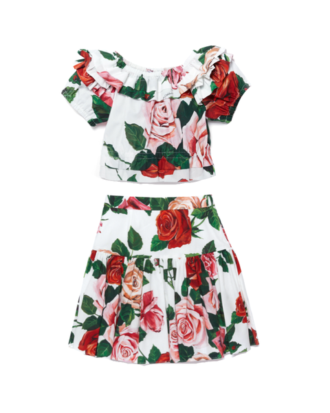 Rose Print Ruffle Blouse and Skirt (2-Piece)